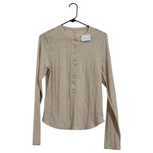American Eagle Womens Ribbed Henley Top Long Sleeve Oatmeal Heather XL NWT